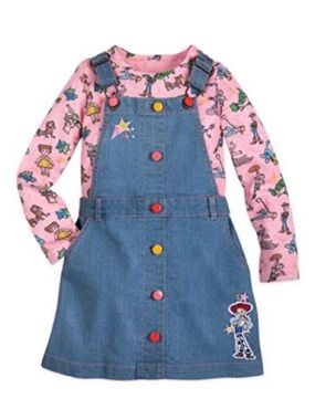Disney Light Blue Denim Overall Dress with Pink Stitching